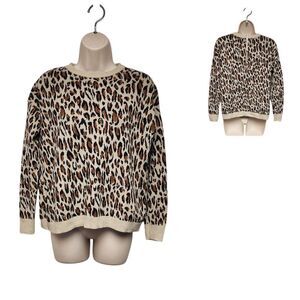 H&M Leopard Animal Print Round Neck Long Sleeve Brown Knit Sweater Size Small